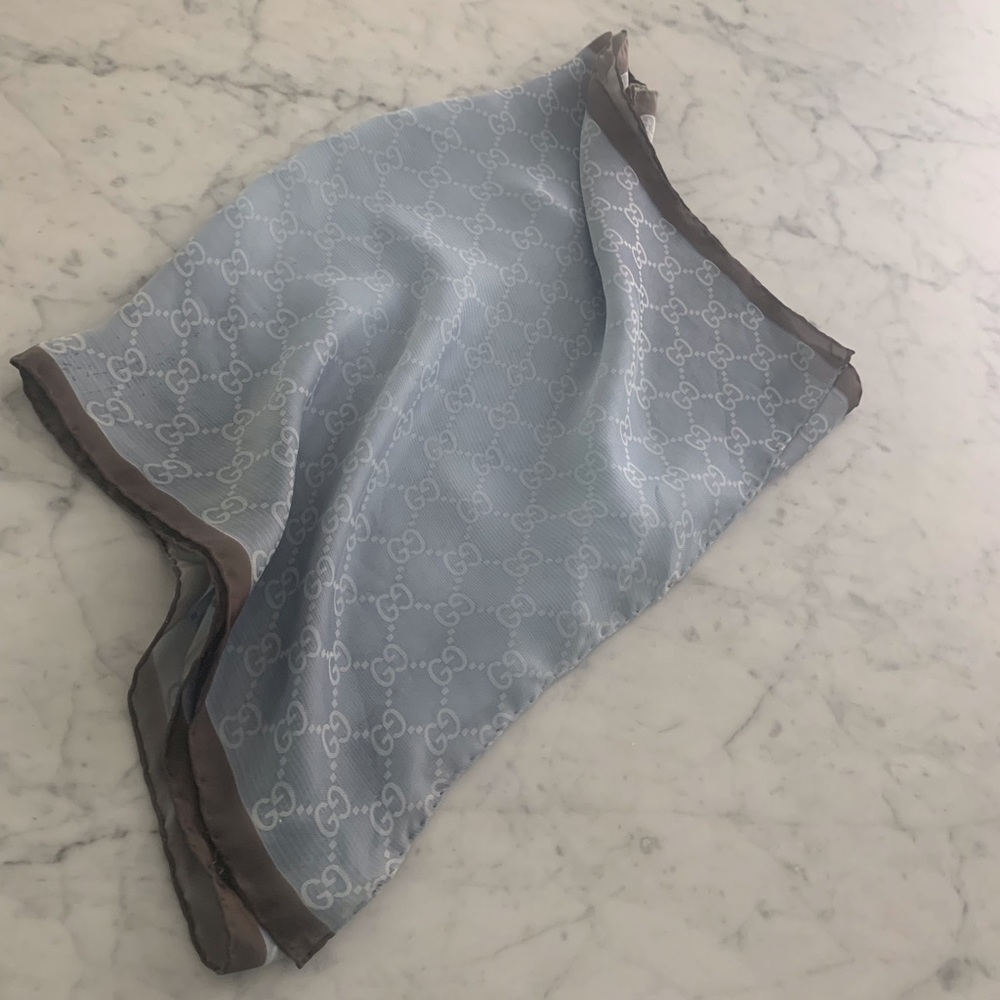 Authentic Gucci Monogram GG silk chiffon scarf , blue with grey border. 54x 19